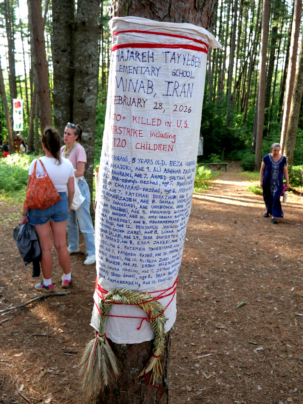 Memorial to killed Iranians, tied to trees in the Pine Forest, for Bread and Puppet Theater's "Upside Down World Resurrection Pageant," performed on their Glover, Vermont, farm, July 26, 2026. (©Greg Cook photo)