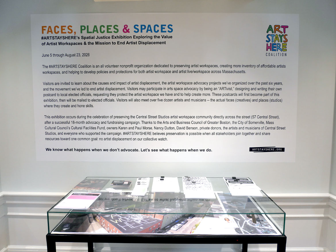 “#Art Stays Here: Faces, Spaces & Places” exhibit at the Somerville Museum, August 2026. (©Greg Cook photo)