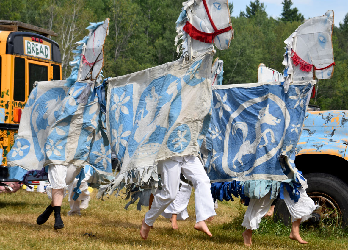 Bread & Puppet Theater’s “Upside Down World Circus” at the company's Glover, Vermont, farm, July 26, 2026. (©Greg Cook photo)