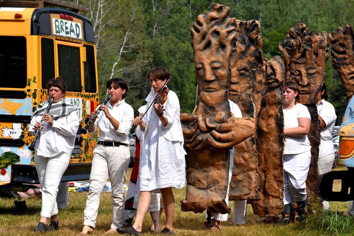 Bread & Puppet Theater’s “Upside Down World Circus” at the company's Glover, Vermont, farm, July 26, 2026. (©Greg Cook photo)