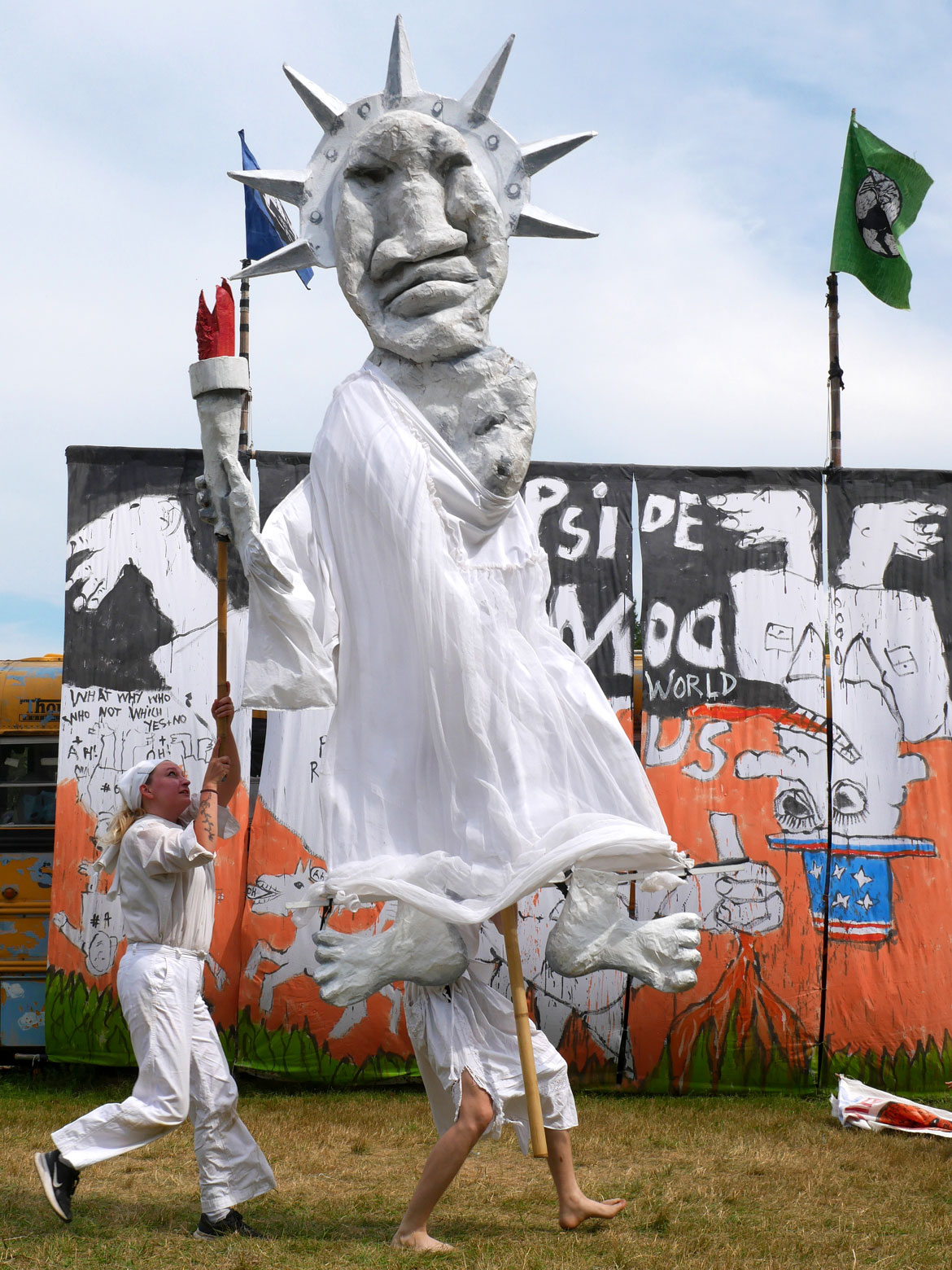 Bread & Puppet Theater’s “Upside Down World Circus” at the company's Glover, Vermont, farm, July 26, 2026. (©Greg Cook photo)