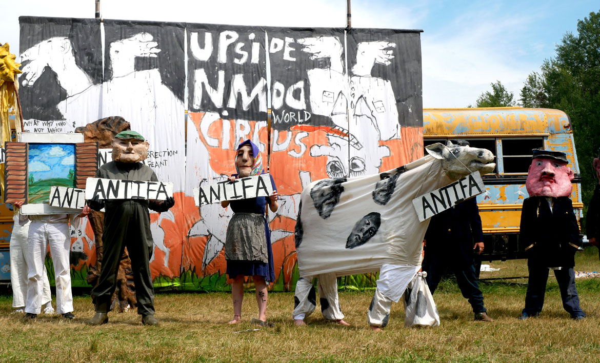 Bread & Puppet Theater’s “Upside Down World Circus” at the company's Glover, Vermont, farm, July 26, 2026. (©Greg Cook photo)