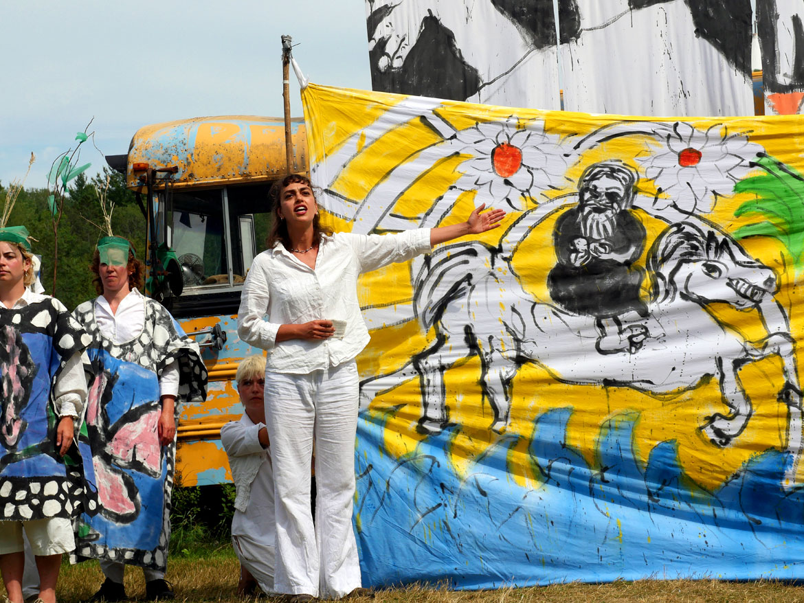 Bread & Puppet Theater’s “Upside Down World Circus” at the company's Glover, Vermont, farm, July 26, 2026. (©Greg Cook photo)