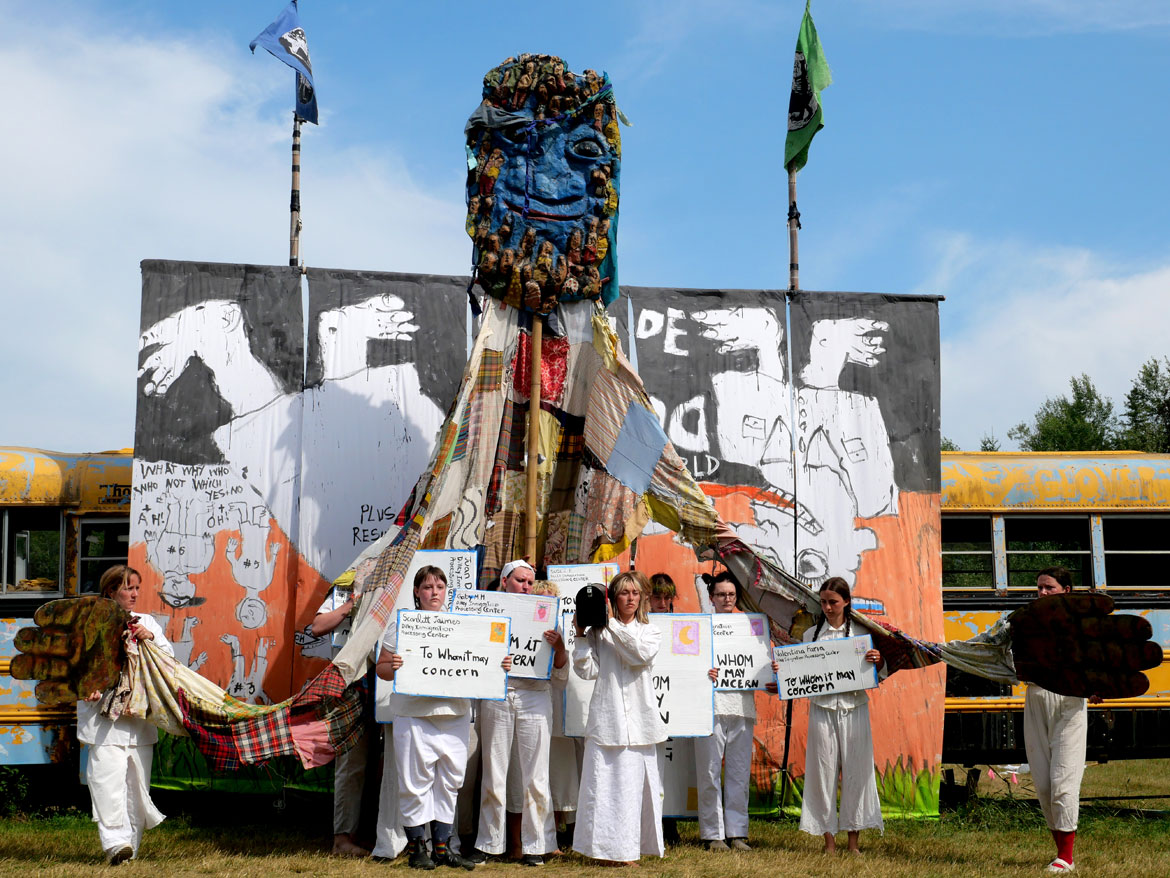 Bread & Puppet Theater’s “Upside Down World Circus” at the company's Glover, Vermont, farm, July 26, 2026. (©Greg Cook photo)