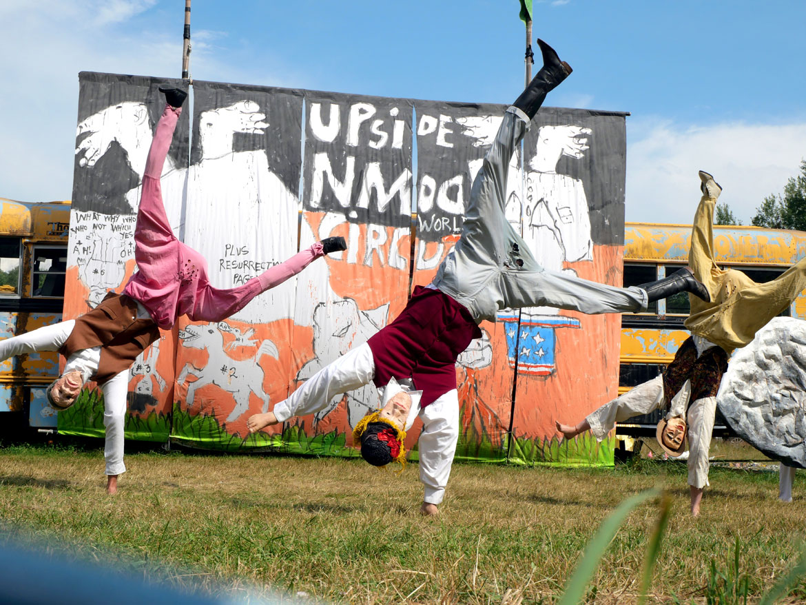 Bread & Puppet Theater’s “Upside Down World Circus” at the company's Glover, Vermont, farm, July 26, 2026. (©Greg Cook photo)