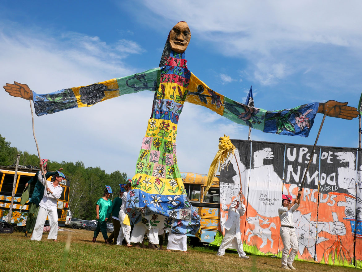 Bread & Puppet Theater’s “Upside Down World Circus” at the company's Glover, Vermont, farm, July 26, 2026. (©Greg Cook photo)