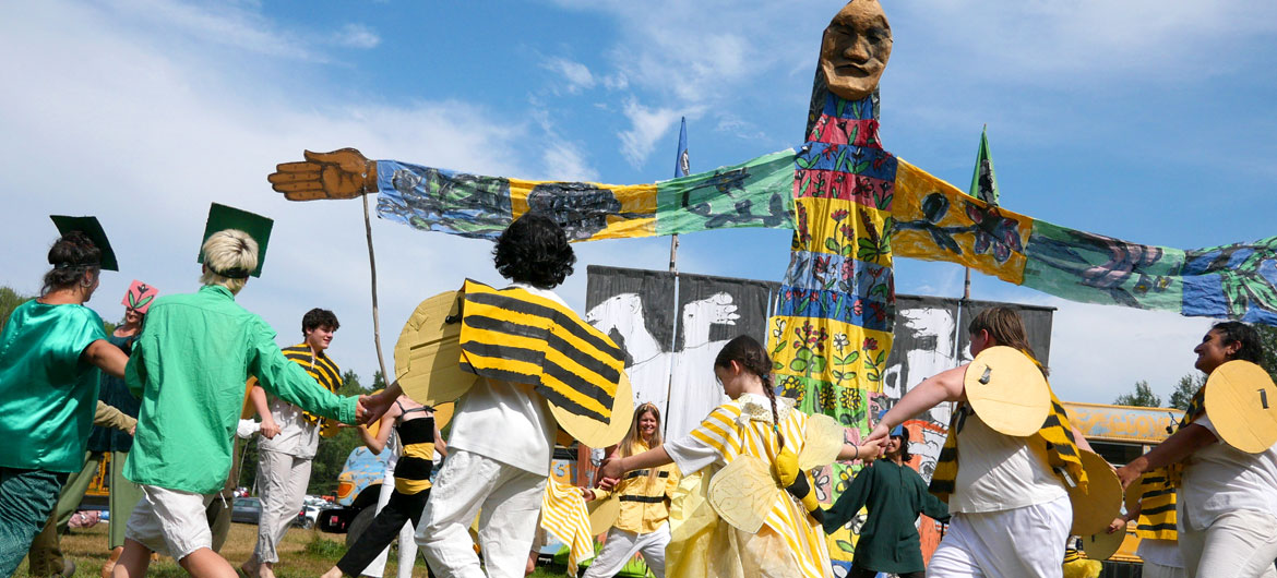 Bread & Puppet Theater’s “Upside Down World Circus” at the company's Glover, Vermont, farm, July 26, 2026. (©Greg Cook photo)