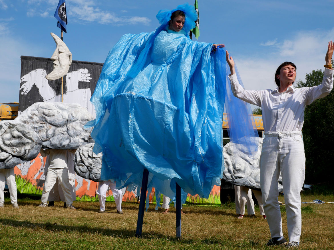 Bread & Puppet Theater’s “Upside Down World Circus” at the company's Glover, Vermont, farm, July 26, 2026. (©Greg Cook photo)