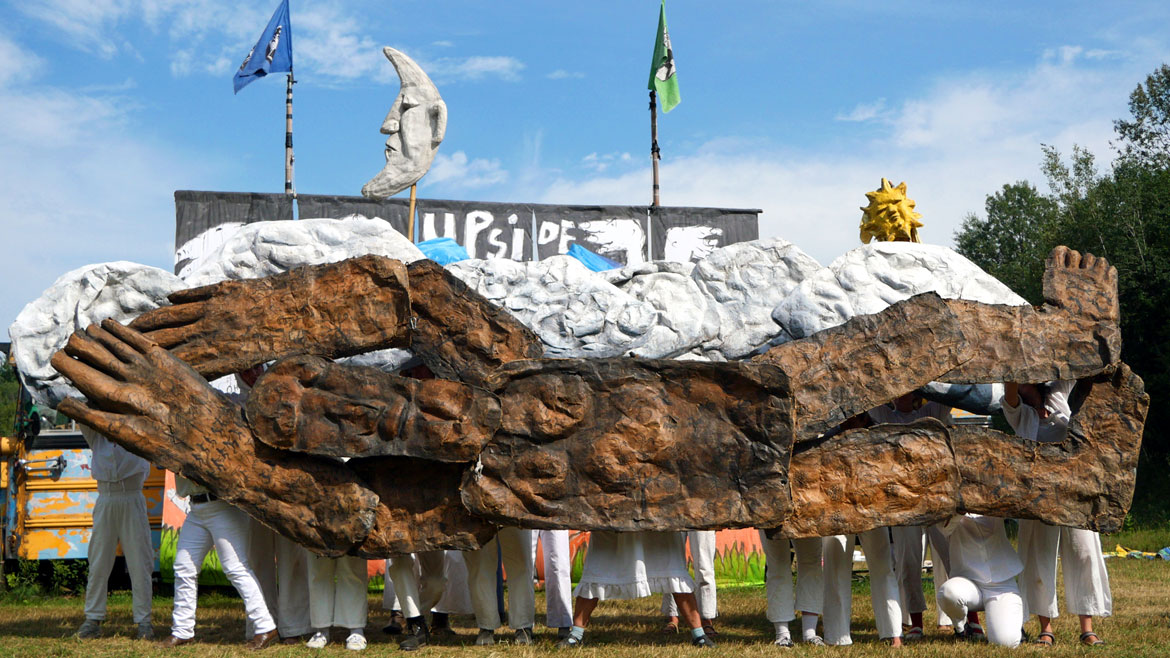 Bread & Puppet Theater’s “Upside Down World Circus” at the company's Glover, Vermont, farm, July 26, 2026. (©Greg Cook photo)