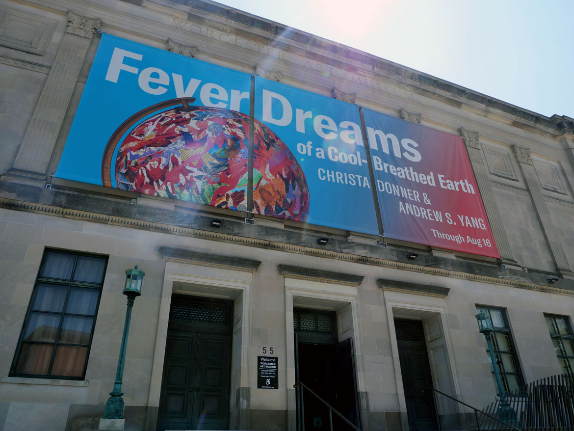 Banner "Fever Dreams of a Cool-Breathed Earth" by Christa Donner and Andrew S. Yang at Worcester Art Museum, July 2026. (Greg Cook photo)