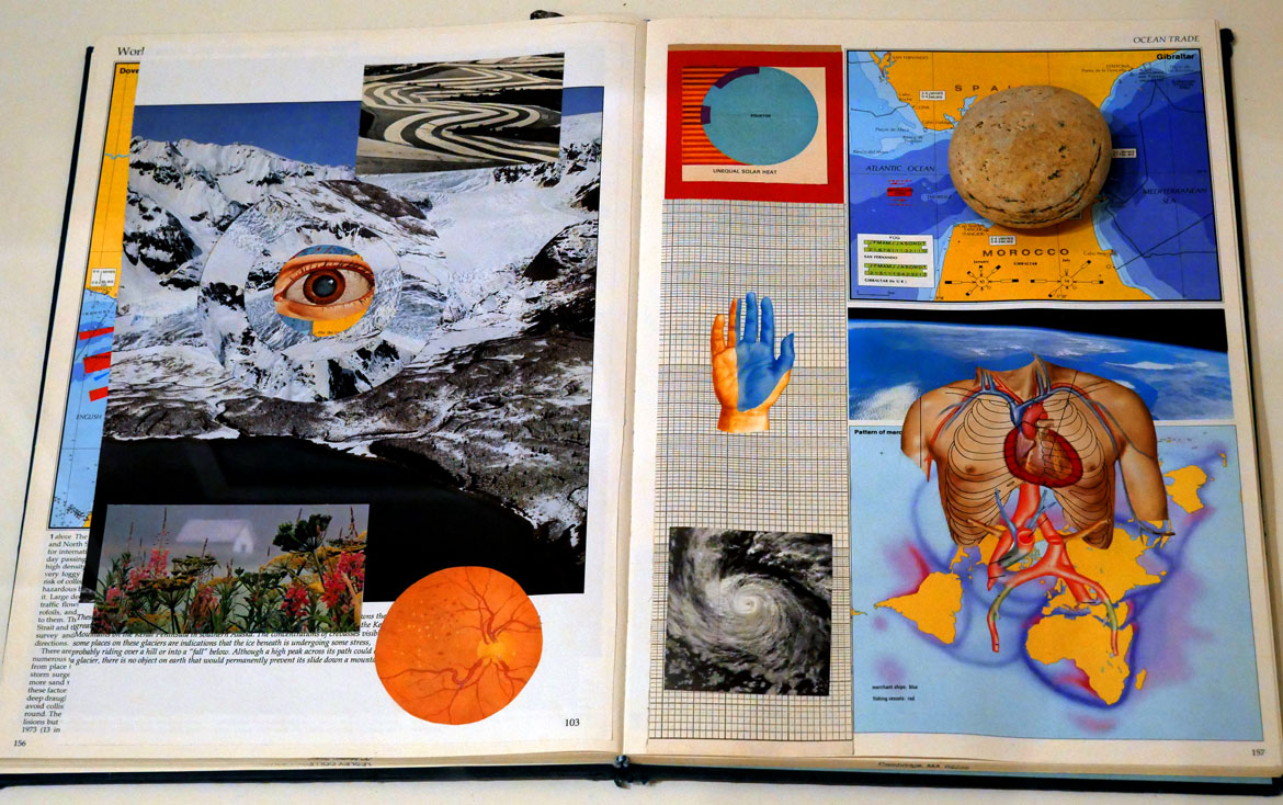 Andrew S. Yang, "Circulation Atlas," 2025, book and found paper collage.
