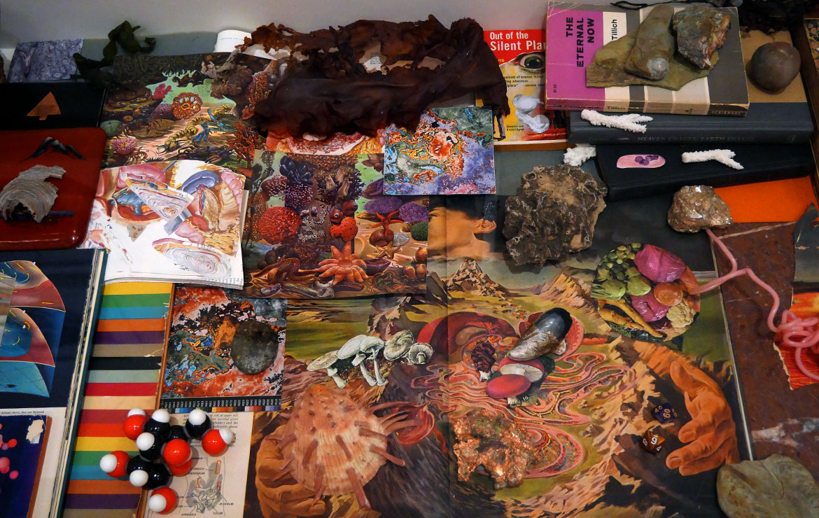 Andrew S. Yang, "Earth Stories," 2026, mixed media collage installation. (Greg Cook photo)