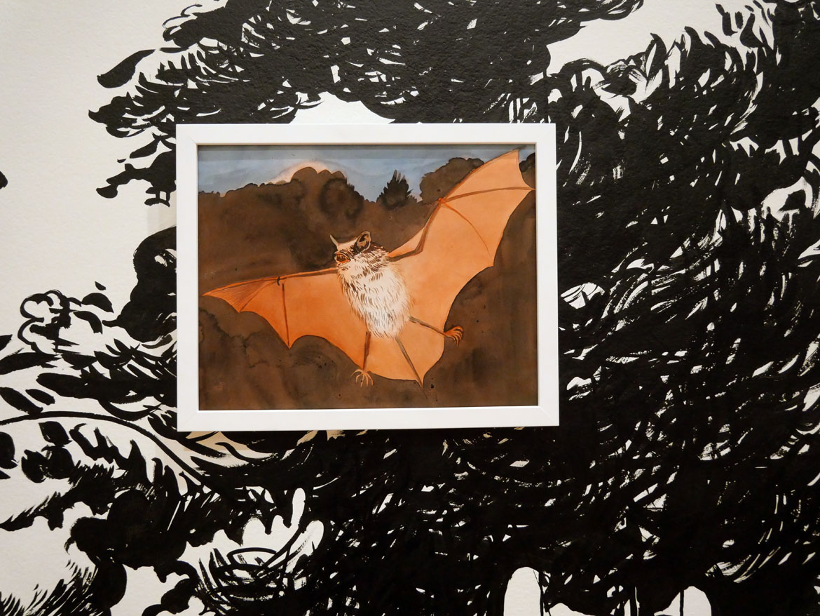 Christa Donner, "Future Forest," 2025, Ink on wall with pigmented ink on paper. (Greg Cook photo)