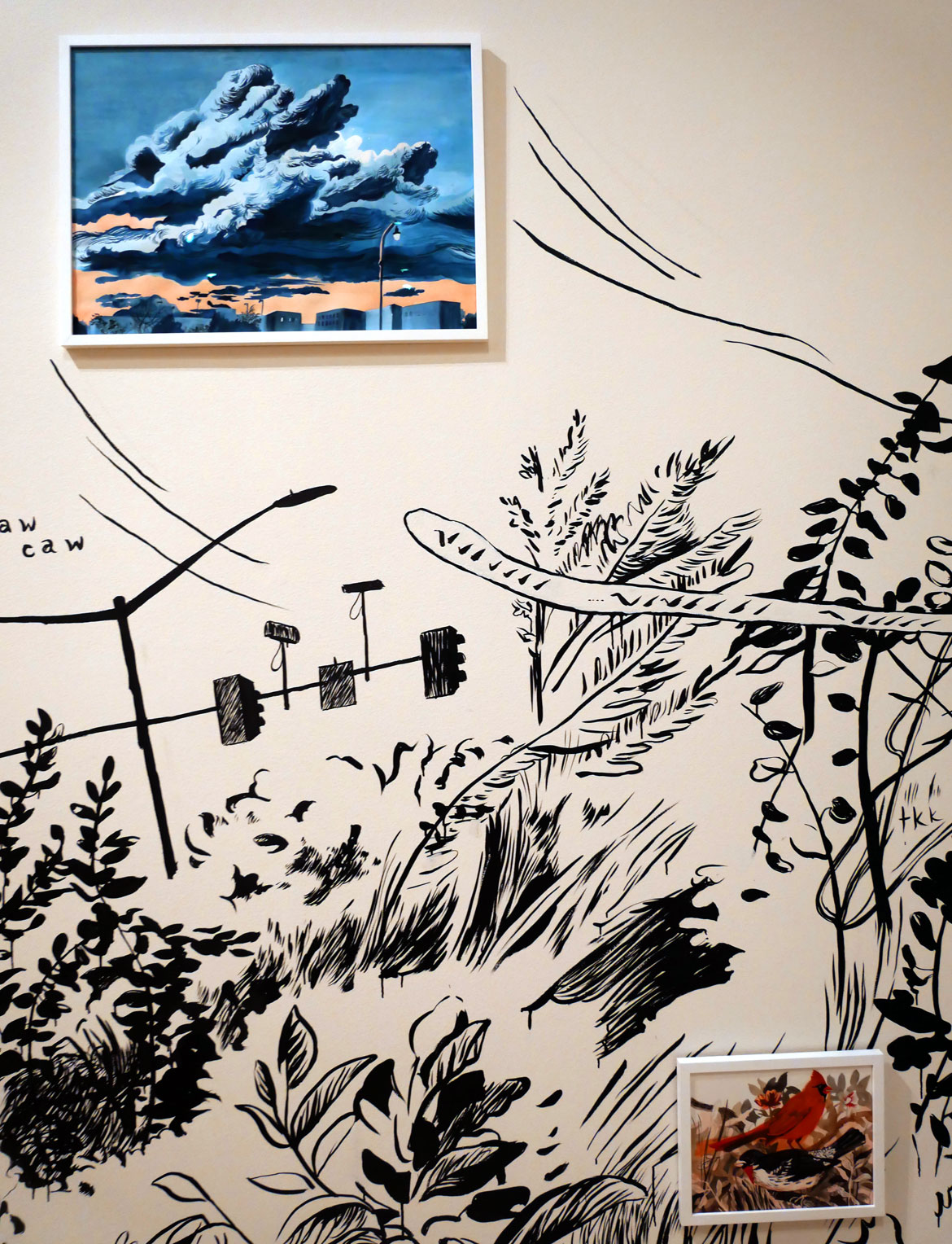 Christa Donner, "Future Forest," 2025, Ink on wall with pigmented ink on paper. (Greg Cook photo)
