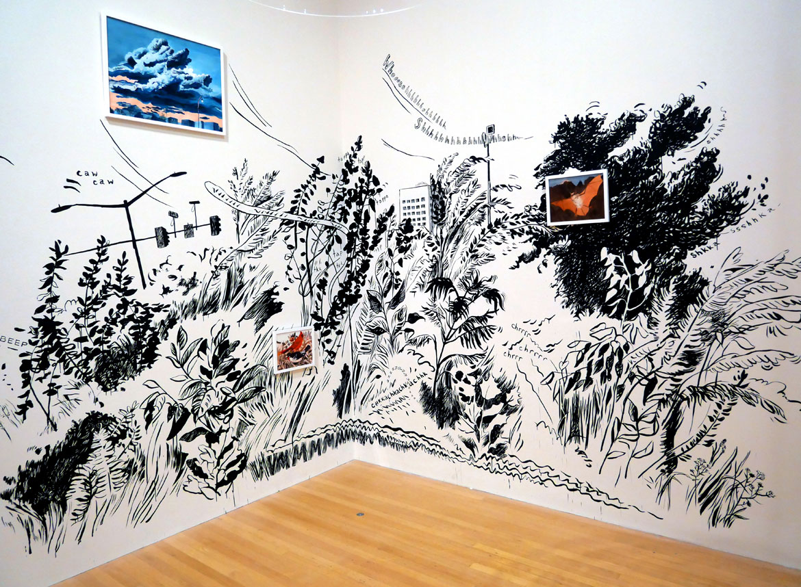 Christa Donner, "Future Forest," 2025, Ink on wall with pigmented ink on paper. (Greg Cook photo)