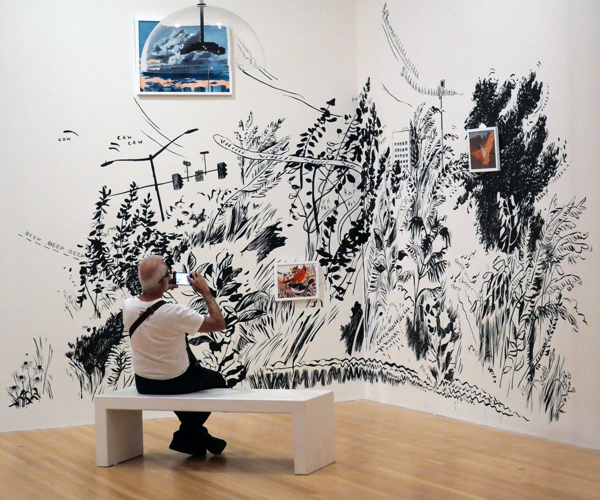 Christa Donner, "Future Forest," 2025, Ink on wall with pigmented ink on paper. (Greg Cook photo)