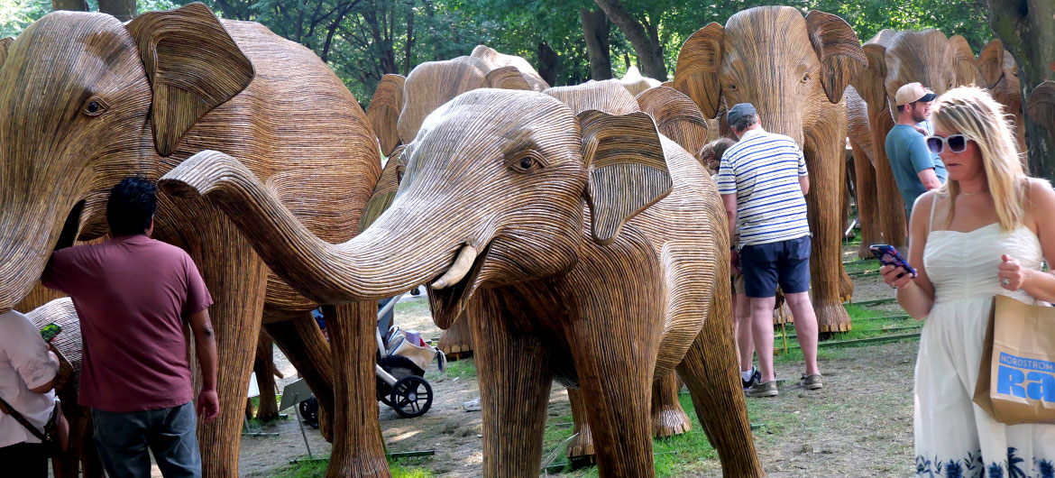The "Great Elephant Migration" visits Boston’s Commonwealth Avenue Mall, Aug. 9, 2026. (©Greg Cook photo)