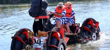 2025 Lowell Kinetic Sculpture Race: "Moose," the 1,000-pound Black Dog from Black Dog Builders, doggie paddles the Merrimack River Plunge. (Jen Myers photo)