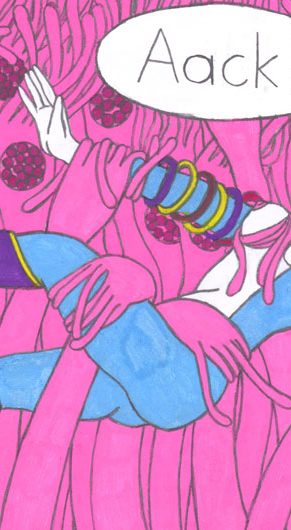 Juliette Collet: "Bobbie Cadet in the Court of the Ladybugs," Page 10, 2026, Acrylic paint and pencil on paper. (Courtesy of the artist and White Columns, New York)
