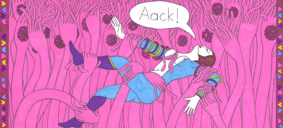 Juliette Collet: "Bobbie Cadet in the Court of the Ladybugs," Page 10, 2026, Acrylic paint and pencil on paper. (Courtesy of the artist and White Columns, New York)