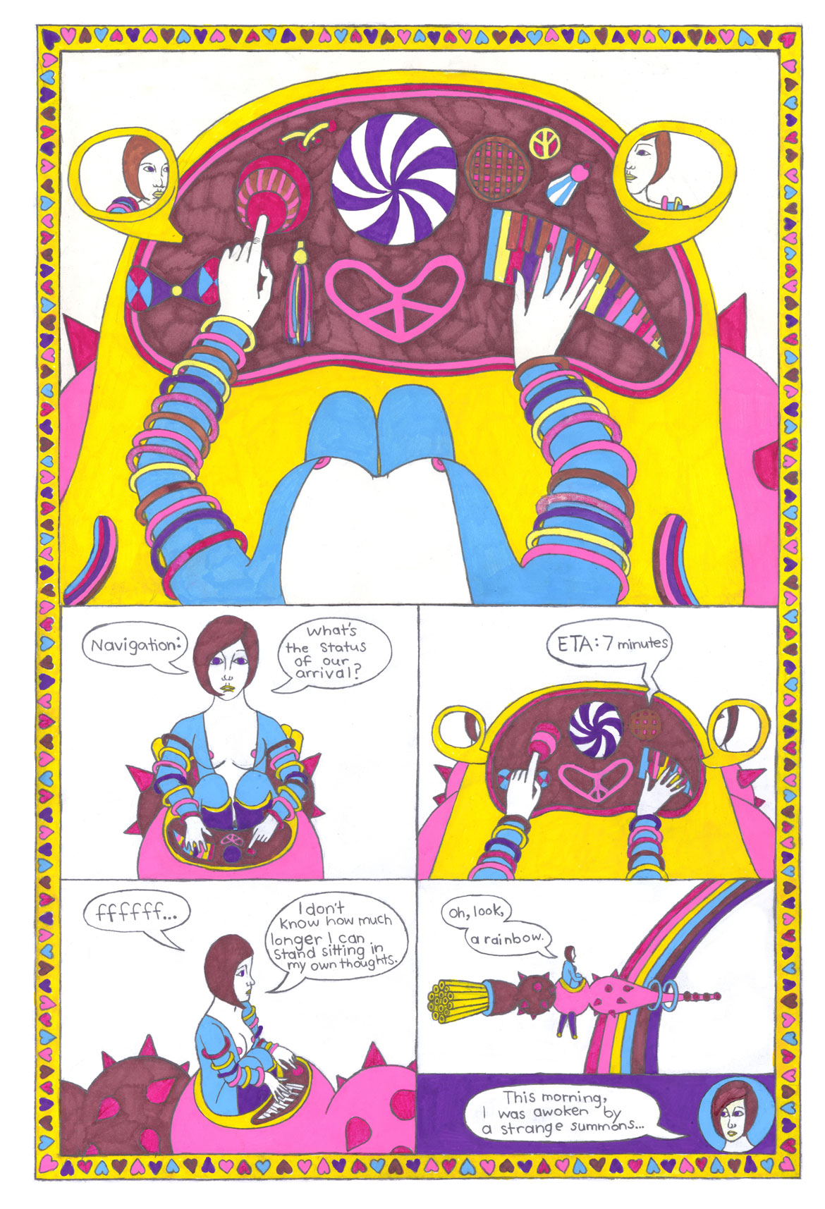 Juliette Collet: "Bobbie Cadet in the Court of the Ladybugs," Page 2, 2026, Acrylic paint and pencil on paper. (Courtesy of the artist and White Columns, New York)