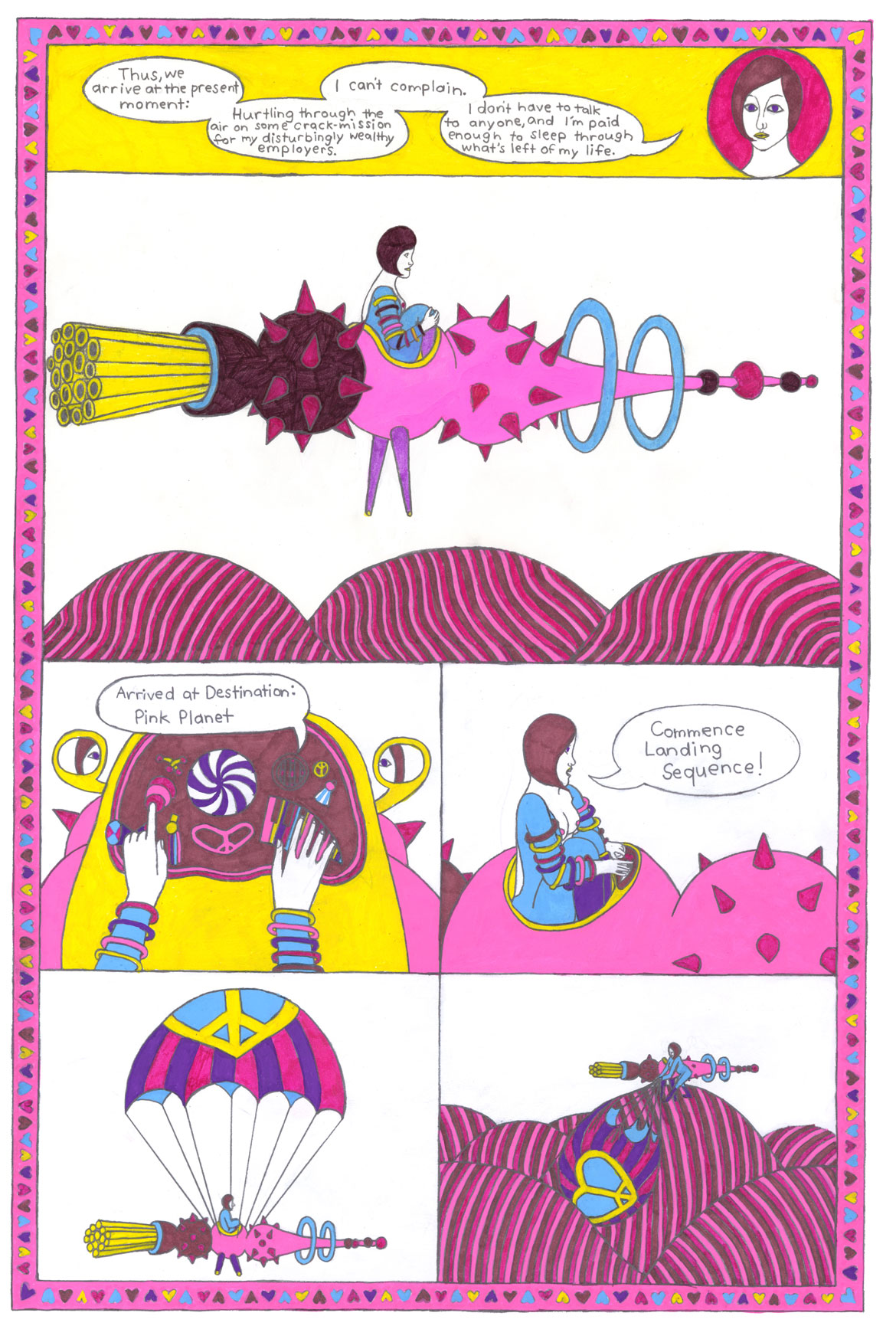 Juliette Collet: "Bobbie Cadet in the Court of the Ladybugs," Page 5, 2026, Acrylic paint and pencil on paper. (Courtesy of the artist and White Columns, New York)