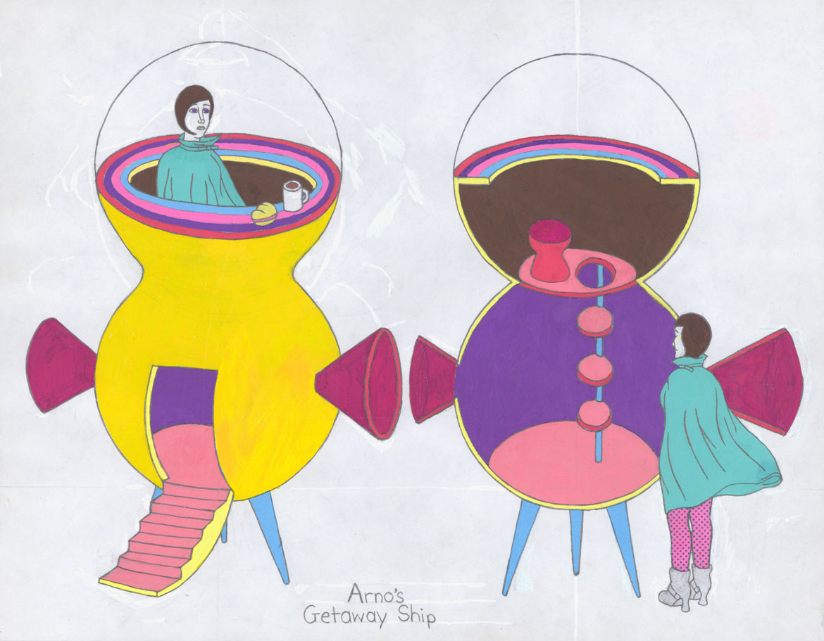 Juliette Collet: "Bobbie Cadet in the Court of the Ladybugs," Getaway Ship, 2026, Acrylic paint and pencil on paper. (Courtesy of the artist and White Columns, New York)