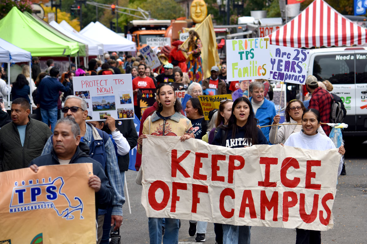 "Keep ICE Off Campus" in the Honk Parade, Sunday, Oct. 11, 2026. (©Greg Cook photo)