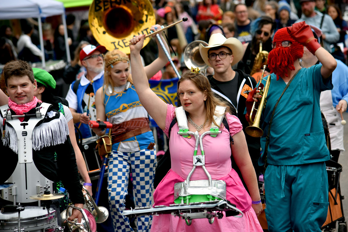 8-Bit Brass Band from Seattle in Honk Parade, Sunday, Oct. 11, 2026. (©Greg Cook photo)