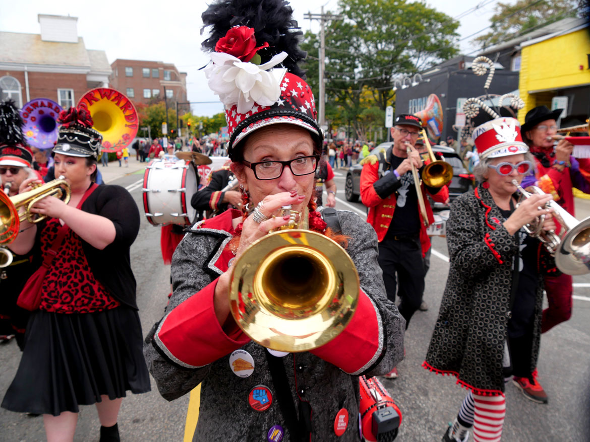 Forward! Marching Band from Madison, Wisconsin, in the Honk Parade, Sunday, Oct. 11, 2026. (©Greg Cook photo)