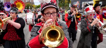 Forward! Marching Band from Madison, Wisconsin, in the Honk Parade, Sunday, Oct. 11, 2026. (©Greg Cook photo)