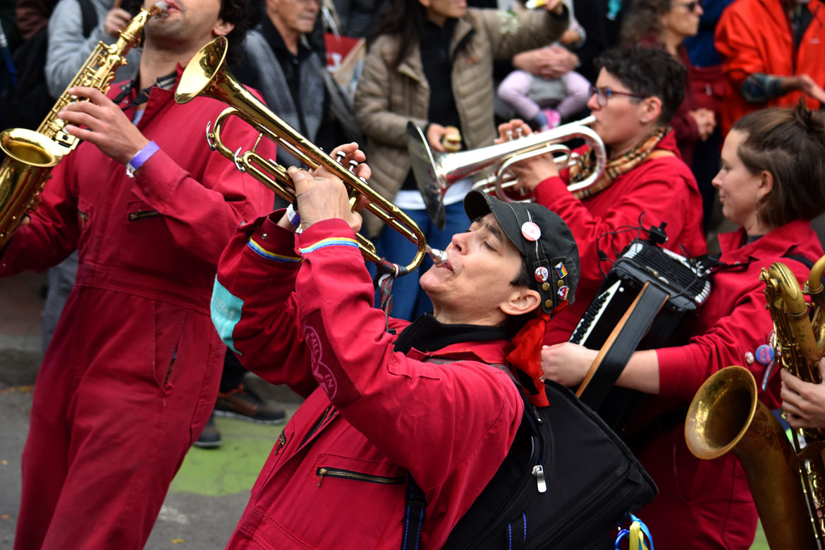 Brass Balagan from Burlington, Vermont, in the Honk Festival Parade, Sunday, Oct. 11, 2026. (©Greg Cook photo)