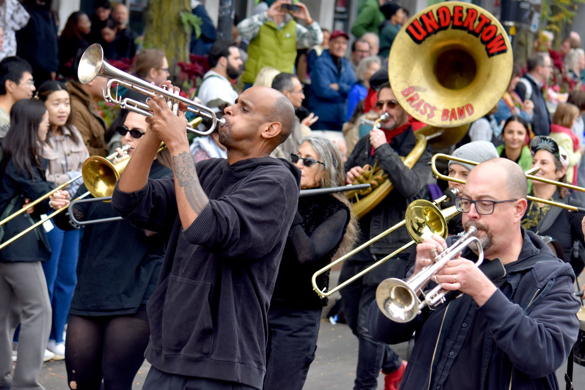 Undertow Brass Band from Providence in the Honk Festival Parade, Sunday, Oct. 11, 2026. (©Greg Cook photo)