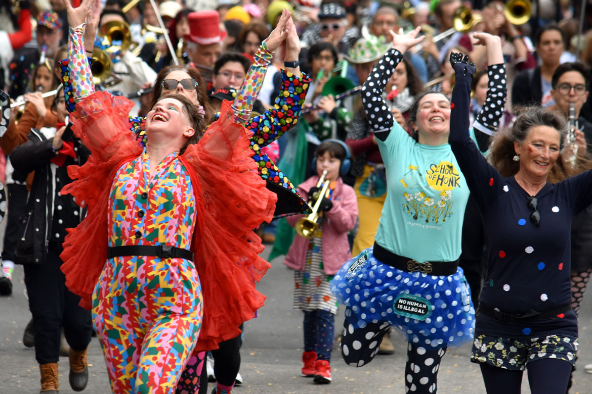 School of Honk from Somerville performs in the Honk Festival Parade, Sunday, Oct. 11, 2026. . (©Greg Cook photo)