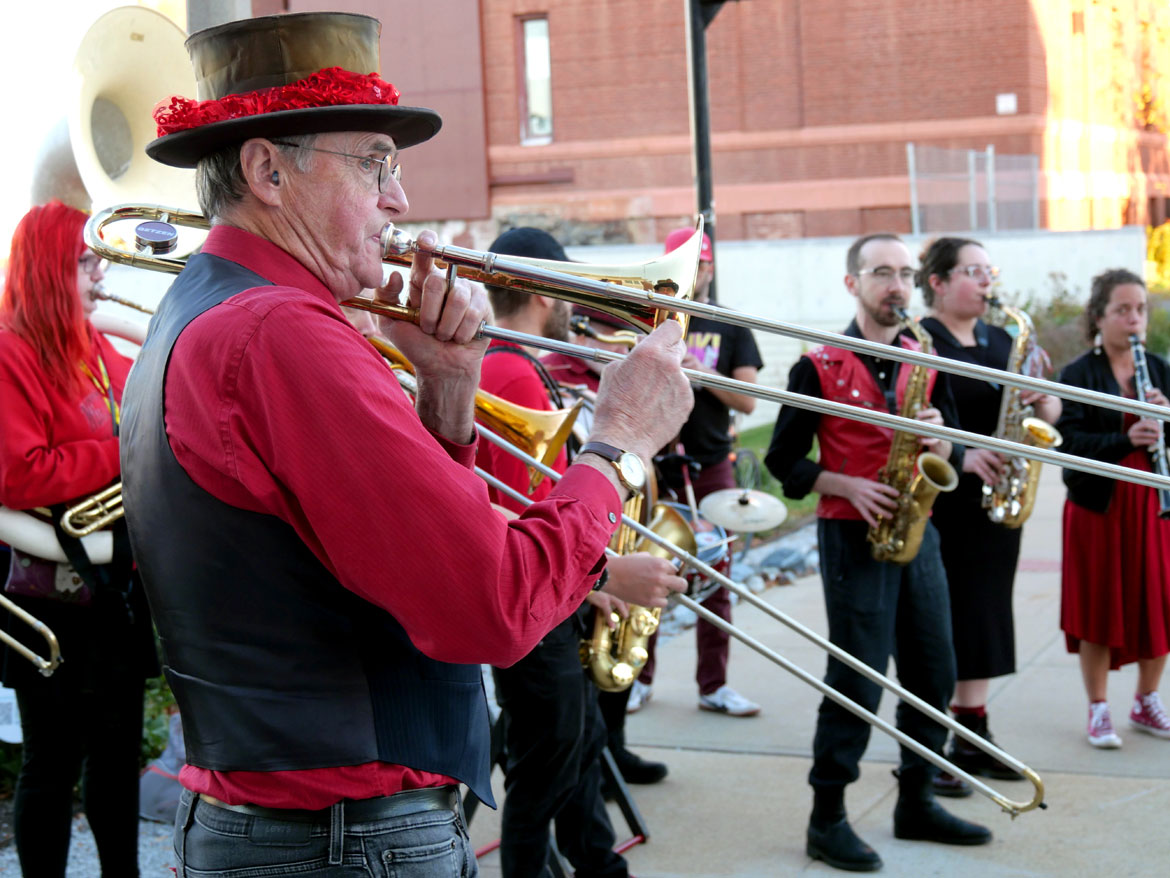 Good Trouble Brass Band performs at the reception for the "Looking Back at 20 Years of Honk" exhibit at Somerville City Hall on Thursday, Oct. 8, 2026. (©Greg Cook photo)