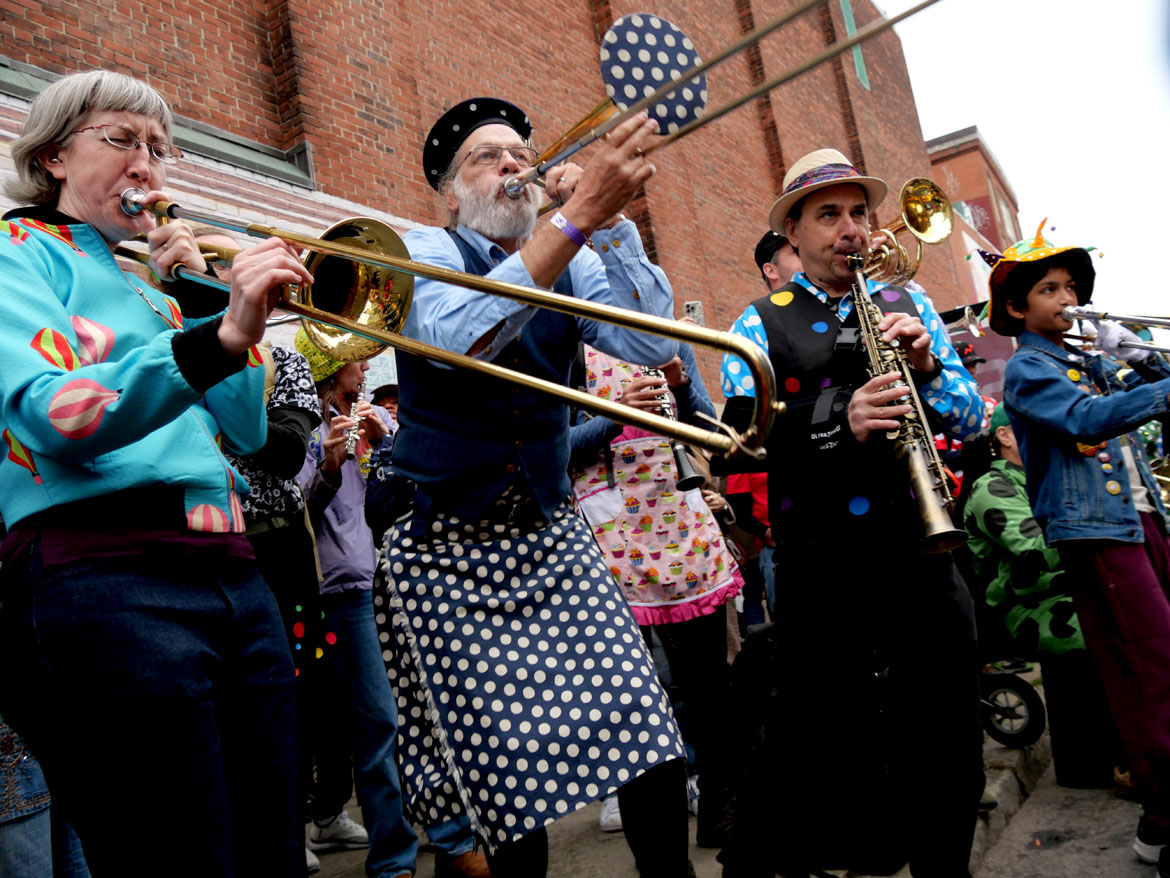 School of Honk from Somerville performs at the Honk Festival, Sunday, Oct. 11, 2026. (©Greg Cook photo)