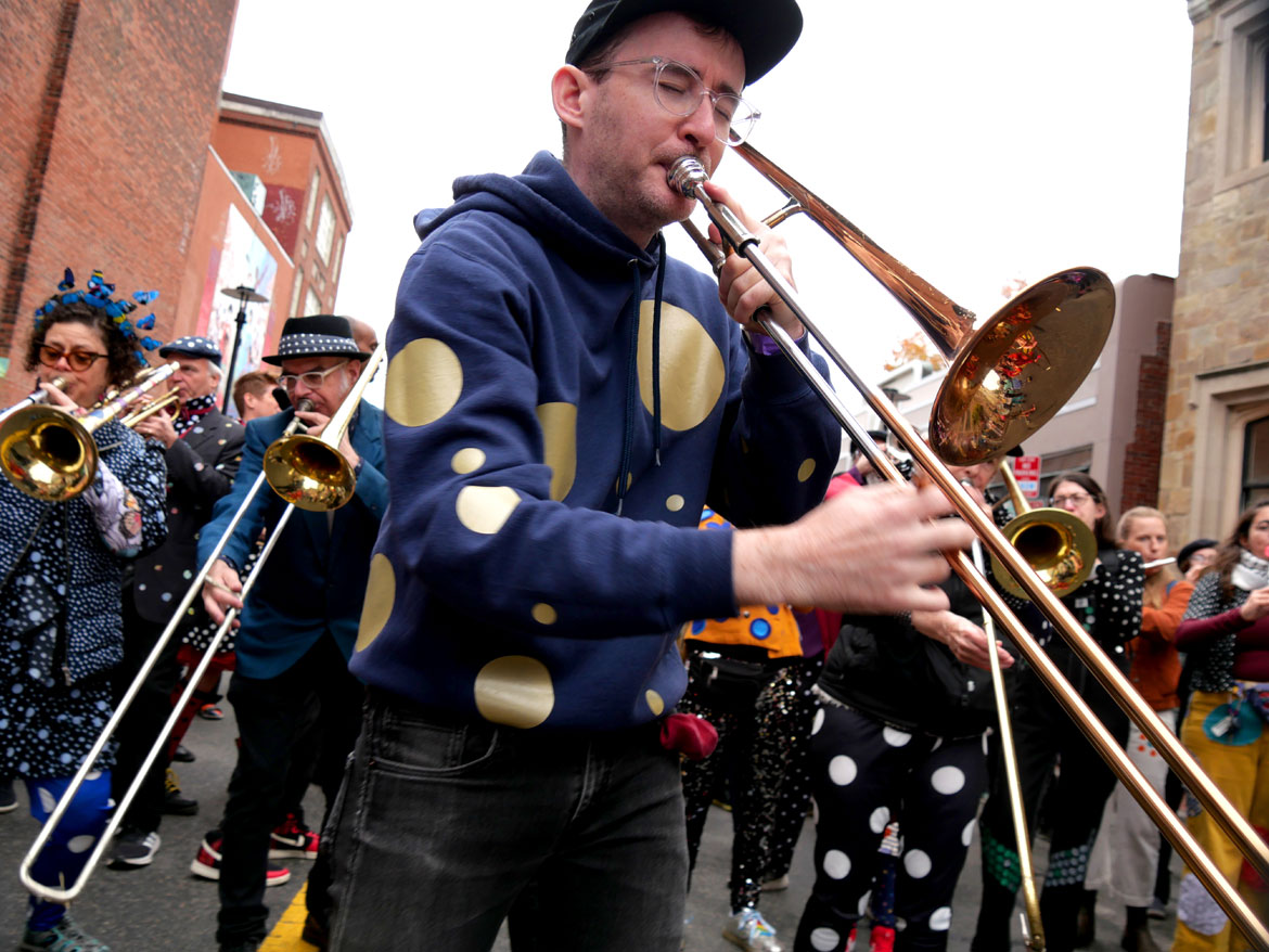 School of Honk from Somerville performs at the Honk Festival, Sunday, Oct. 11, 2026. (©Greg Cook photo)