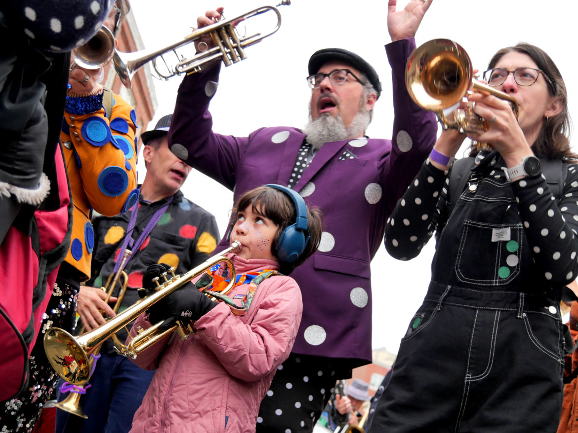 School of Honk from Somerville performs at the Honk Festival, Sunday, Oct. 11, 2026. (©Greg Cook photo)