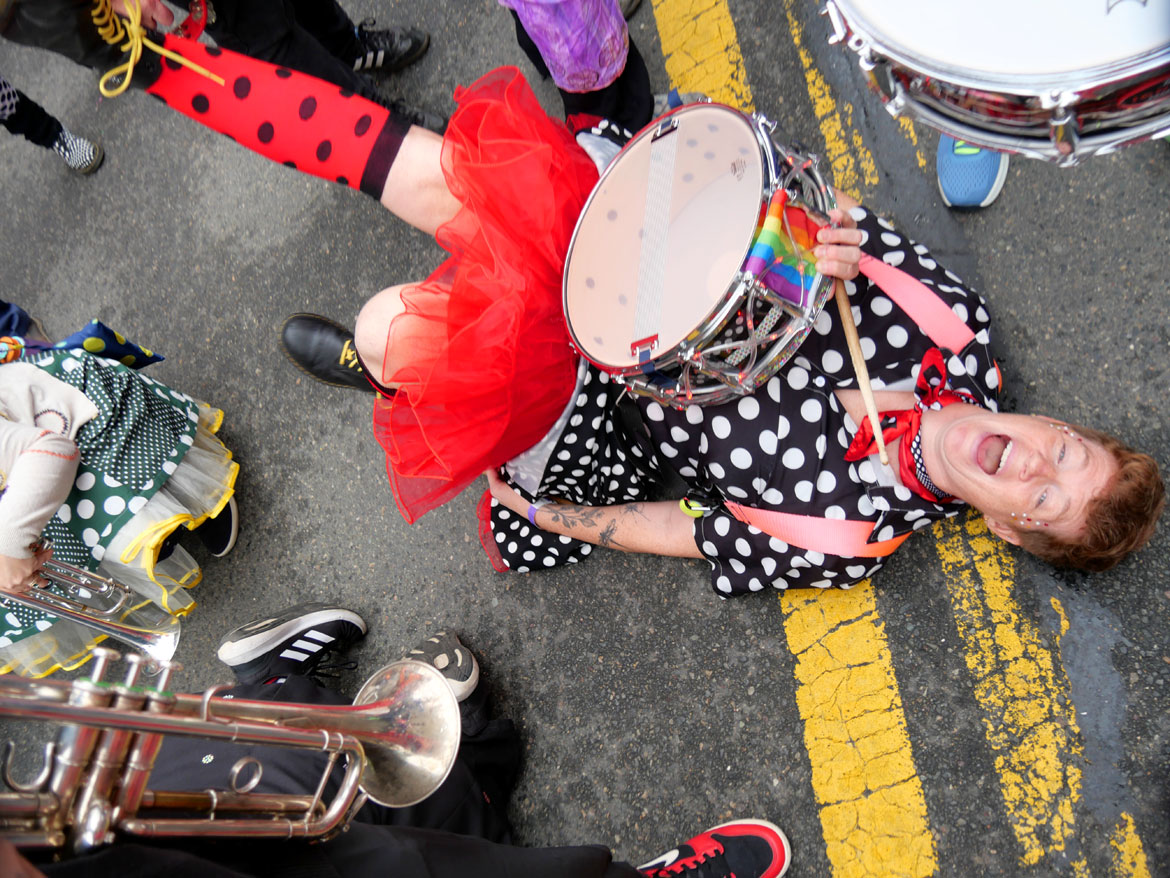 School of Honk from Somerville in the Honk Festival Parade, Sunday, Oct. 11, 2026. (©Greg Cook photo)