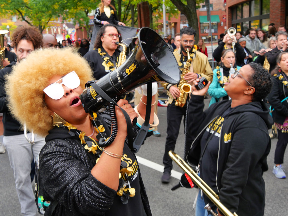 Brass Solidarity from Minneapolis performs at the Honk Festival, Sunday, Oct. 11, 2026. (©Greg Cook photo)