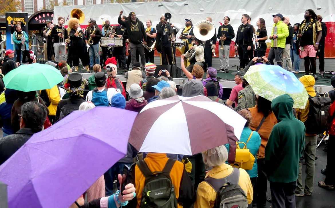 Brass Solidarity from Minneapolis performs on the main stage in Cambridge's Harvard Square at the Honk Festival, Sunday, Oct. 11, 2026. (©Greg Cook photo)