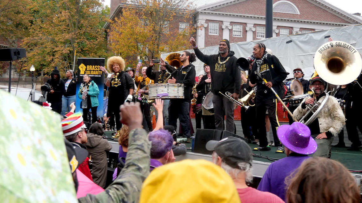 Brass Solidarity from Minneapolis performs on the main stage in Cambridge's Harvard Square at the Honk Festival, Sunday, Oct. 11, 2026. (©Greg Cook photo)