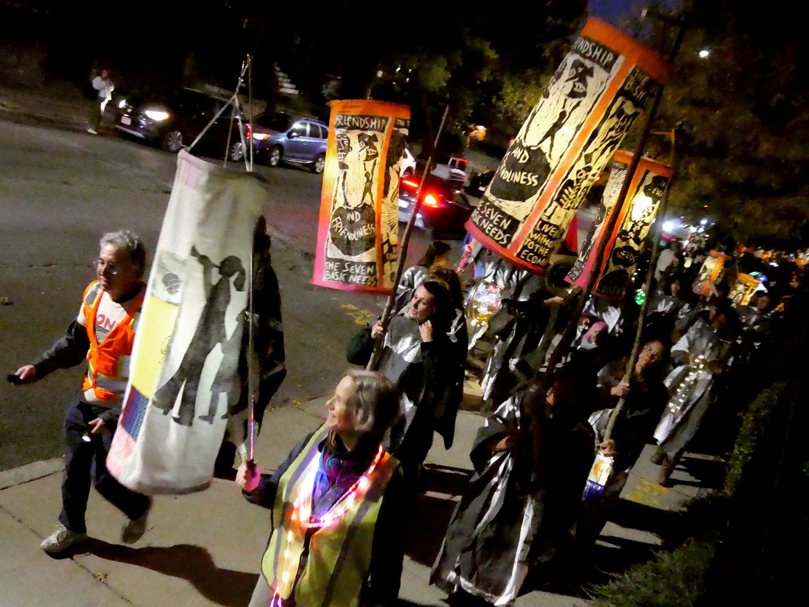 Bread and Puppet Theater of Vermont leads a Honk Festival lantern parade in Somerville, Friday, Oct. 9, 2026. (©Greg Cook photo)