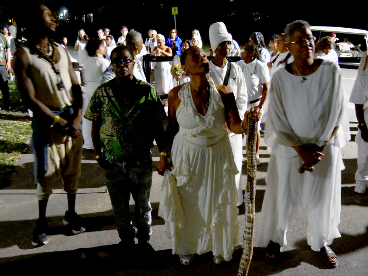Ife Franklin (center) leading the processional that began "Cabin in the Sky" at Boston's Franklin Park, Oct. 2, 2026. (©Greg Cook photo)
