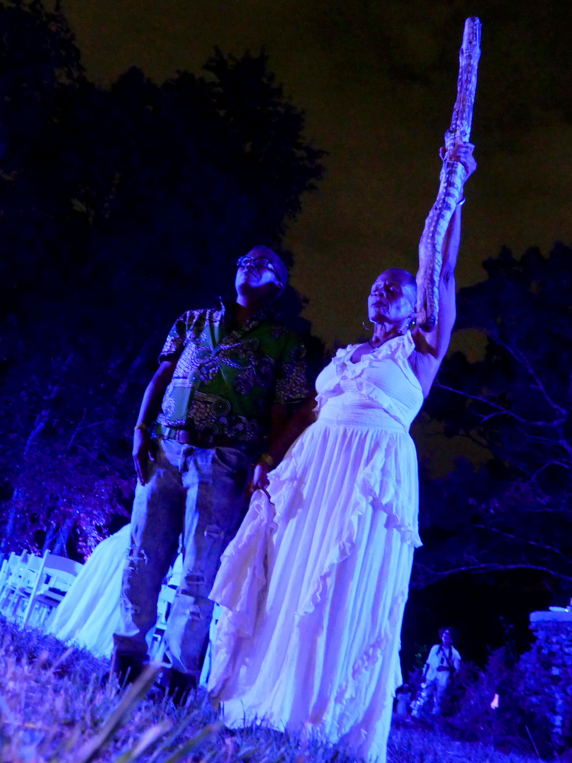 Ife Franklin (right) and Leeta Neely arrive at the cabin concluding the opening processional of Franklin's "Cabin in the Sky" at Boston's Franklin Park, Oct. 2, 2026. (©Greg Cook photo)