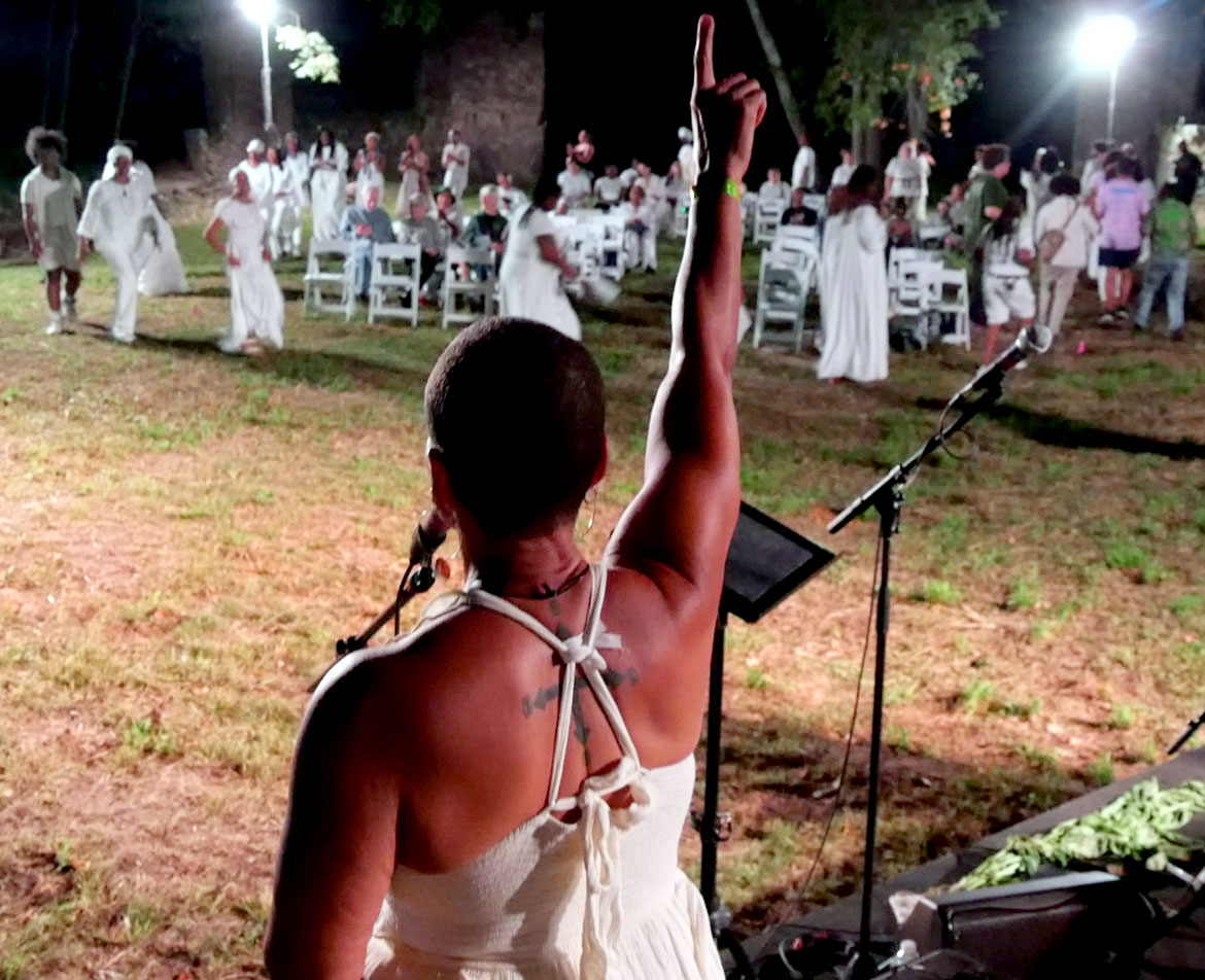 Ife Franklin leads ring shout during "Cabin in the Sky" at Boston's Franklin Park, Oct. 2, 2026. (©Greg Cook photo)