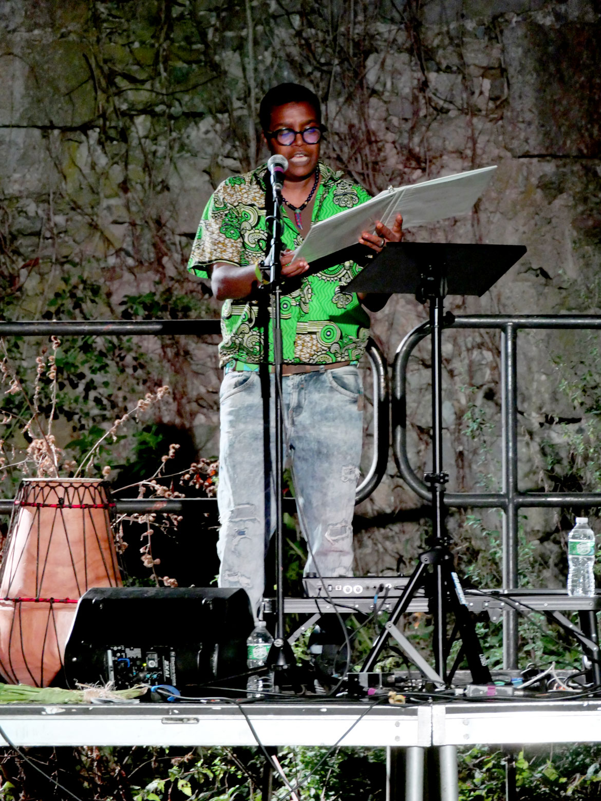 Letta Neely reads during Ife Franklin's "Cabin in the Sky" at Boston's Franklin Park, Oct. 2, 2026. (©Greg Cook photo)