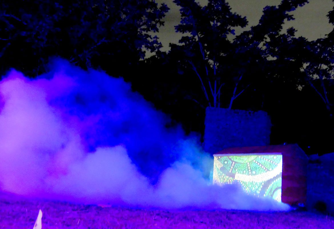 The cabin "takes off" concluding Ife Franklin's "Cabin in the Sky" at Boston's Franklin Park, Oct. 2, 2026. (©Greg Cook photo)
