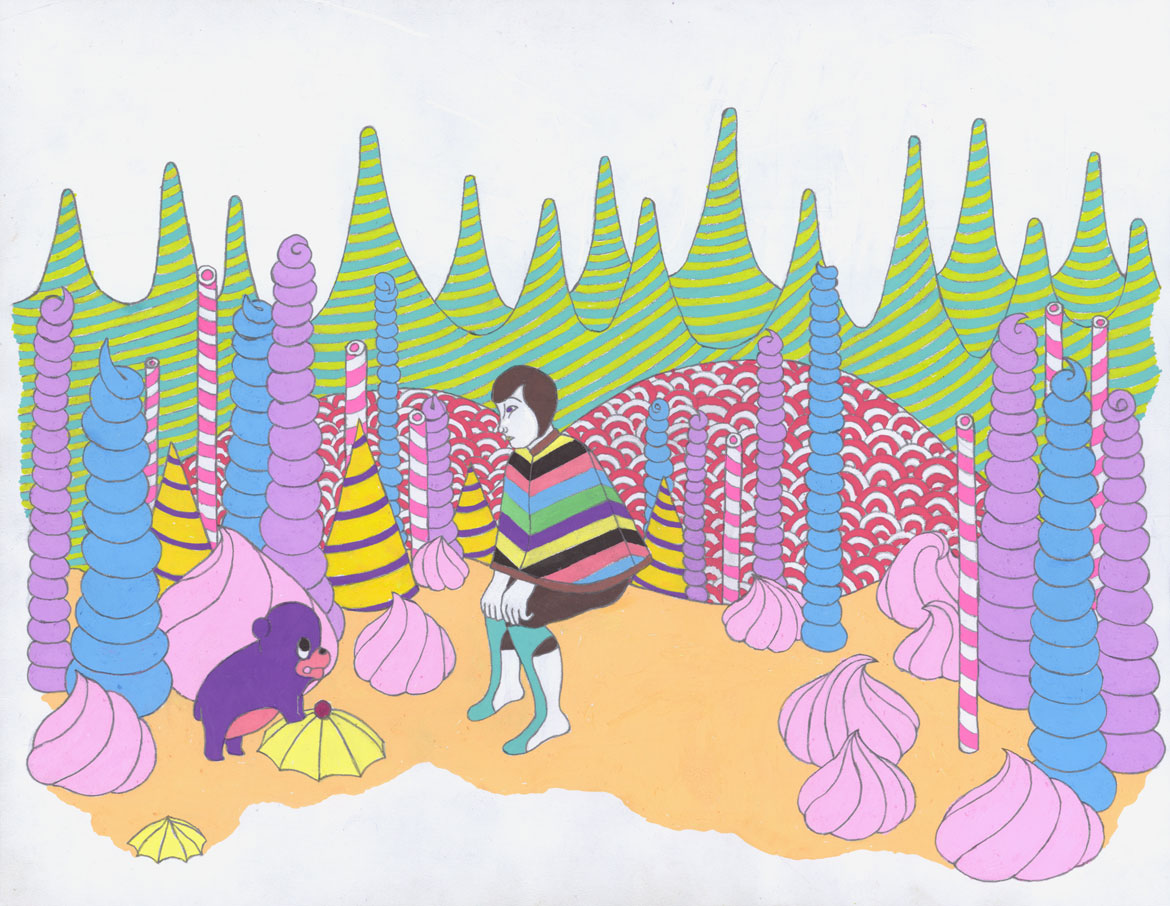 Juliette Collet: "Bobbie Cadet in the Court of the Ladybugs," Pippo, 2026, Acrylic paint and pencil on paper. (Courtesy of the artist and White Columns, New York)