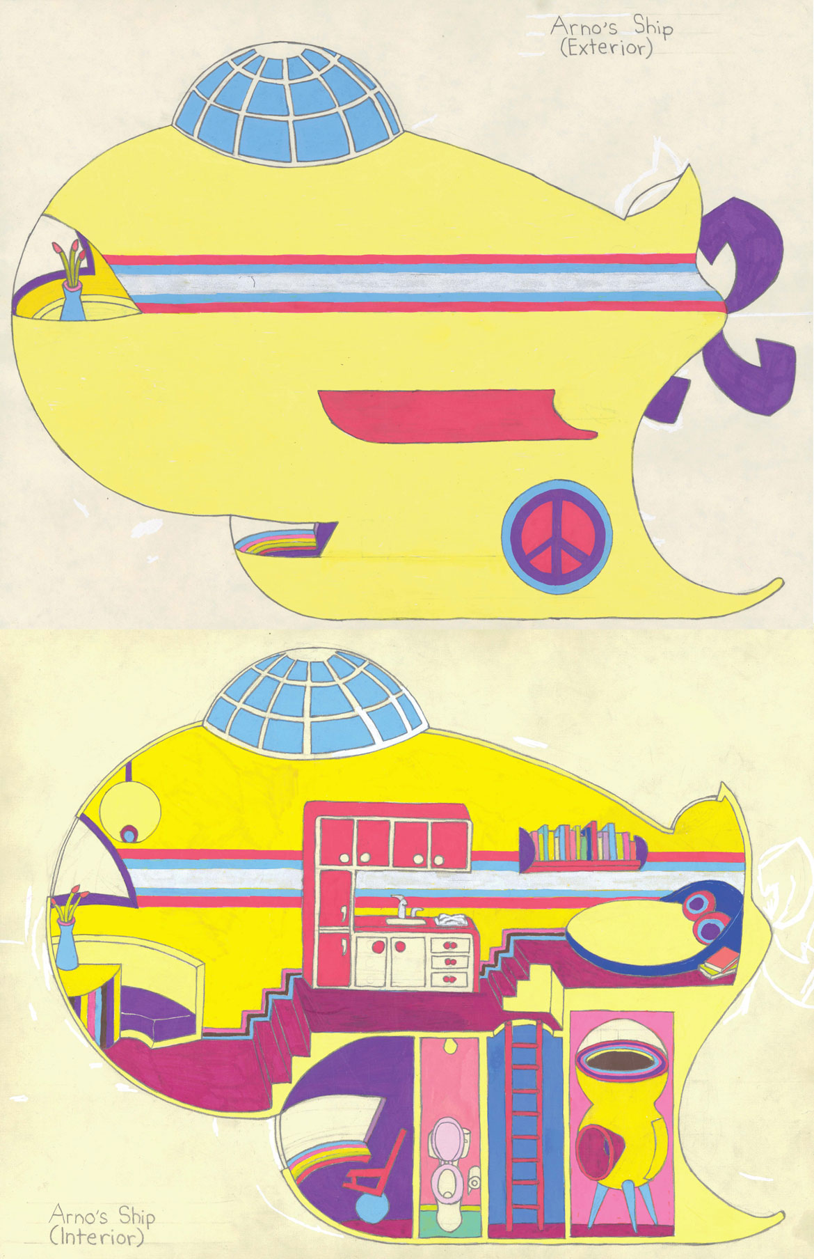 Juliette Collet: "Bobbie Cadet in the Court of the Ladybugs," Ship Interior & Exterior, 2026, Acrylic paint and pencil on paper. (Courtesy of the artist and White Columns, New York)
